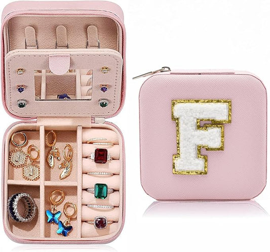 MODENGKONGJIAN Travel Jewelry Case for Women Fashion, Ring Necklace Earring Jewelry Holder Organizer Box, Small Portable Jewellery Storage, Christmas Gifts Initial F