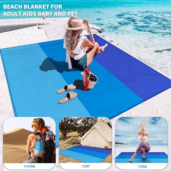 Beach Blanket Oversized Extra Large 10'X 9',Waterproof Sandproof Beach Blanket 2-8 Adults Lightweight Durable for Travel Camping Hiking Picnic
