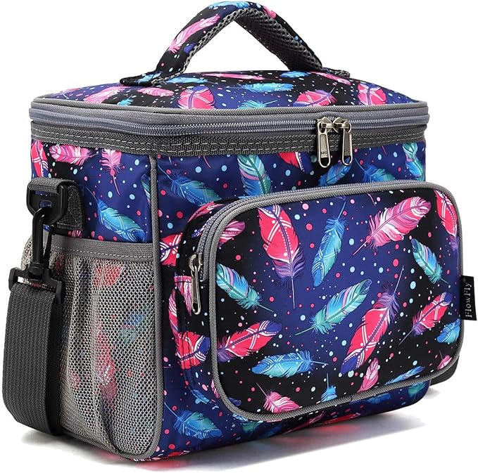FlowFly Insulated Reusable Lunch Bag Adult Large Lunch Box for Women and Men with Adjustable Shoulder Strap,Front Zipper Pocket and Dual Large Mesh Side Pockets,Feather