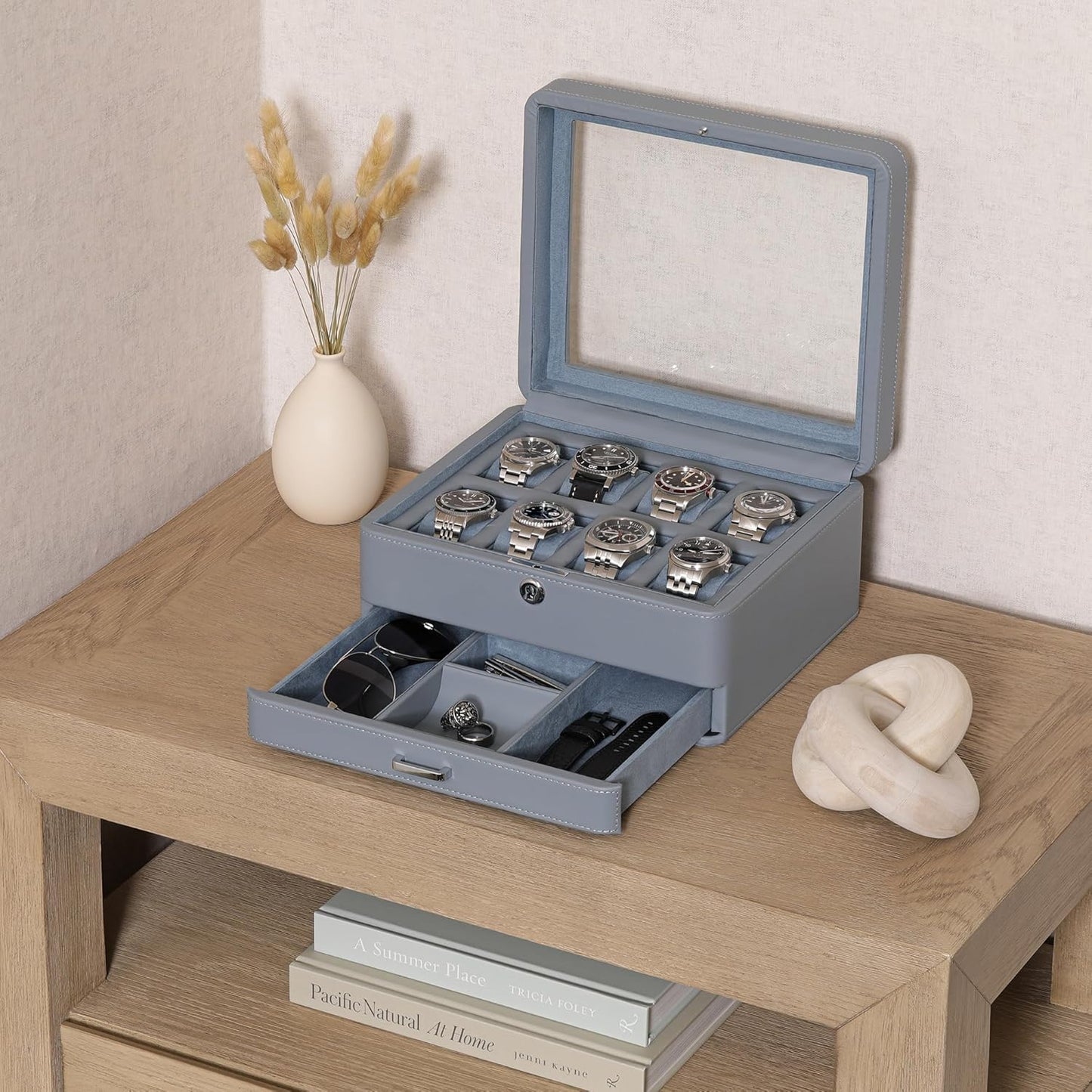 ROTHWELL 8 Slot Leather Watch Box with Drawer - Luxury Case Display Jewelry Organizer, Locking Display Case Holder with Real Glass Top - Watch Box Organizer for Men & Women (Artic Mist)