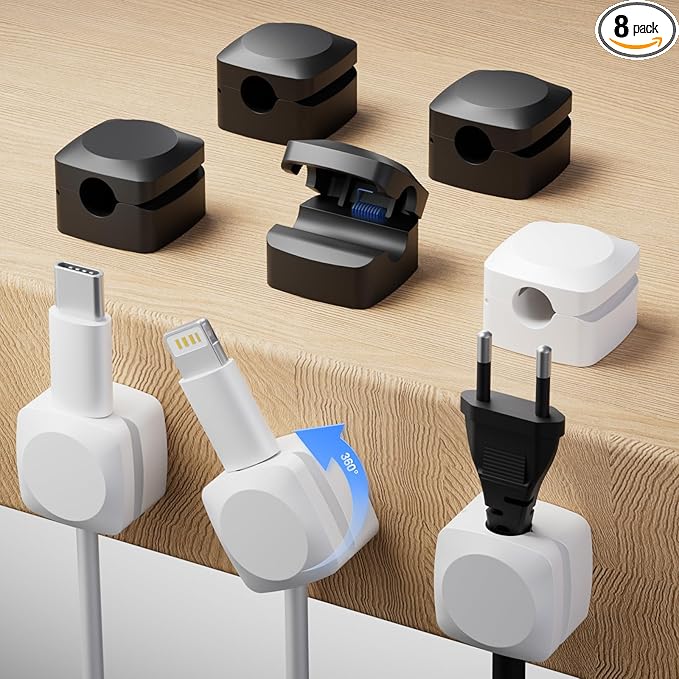Rotatable Cord Organizer, Enhanced Spring Cable Clips, Strong Adhesive Cable Management, Desk Cord Holder for Nightstand, Office Accessories and Car (4 White + 4 Black)