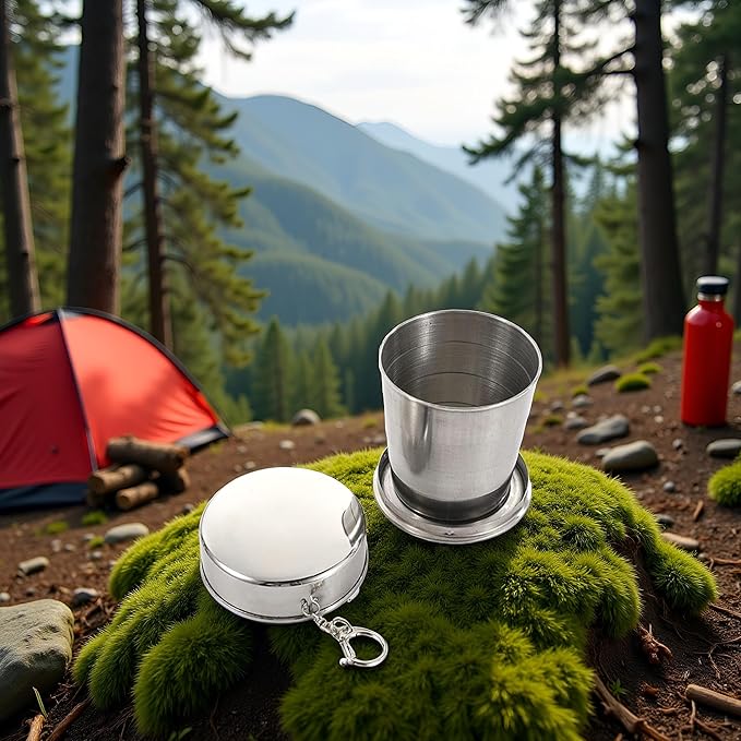 1Pc Silver Stainless Steel Folding Camping Mug Collapsible Portable Cup with Keychain for Outdoor Activities Hiking Picnic(Large), Camp Kitchen