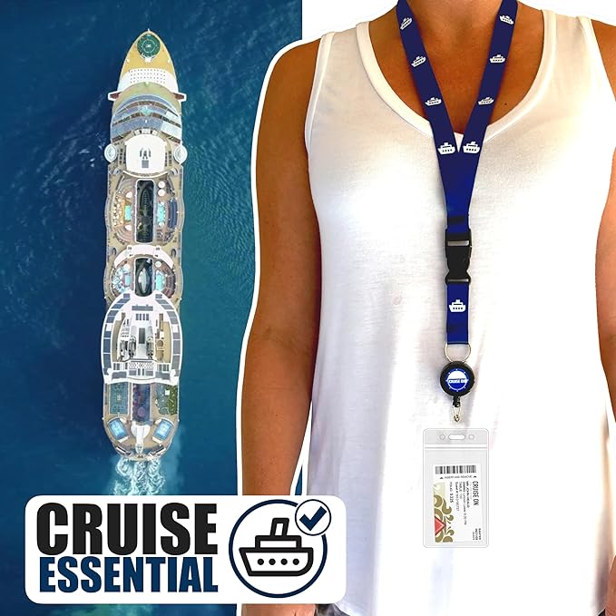 Cruise On Royal Caribbean Luggage Tag Holders (4 Pack) & Lanyards (2 Pack) – Large, Clear, Waterproof Cruise Essentials 2026-2027 – Secure Ship Tags & Cards (Royal & Navy Blue)