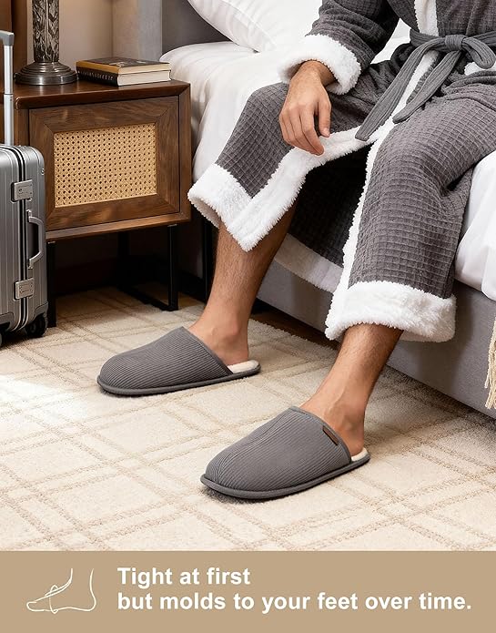 VeraCosy Men's Corduroy Scuff Slippers Soft Comfy Memory Foam Non-slip Indoor House Shoes