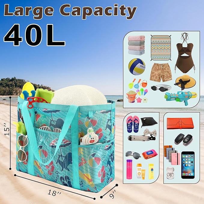 Mesh Beach Bag with Zipper, Large Beach Tote for Women, Toys Pool Swim Bag Travel Vacation Cruise Essentials