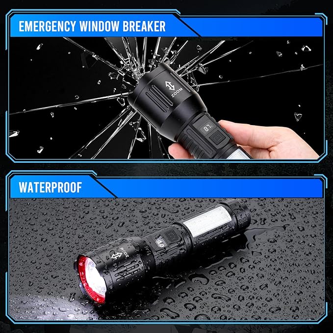 Flashlight High Lumens Rechargeable 2 Packs, 1,500,000L Handheld LED Flashlights High Powered, Adjustable Super Bright Flash Lights with 6 Modes, Cob Side Light, Tactical Flashlight for Emergency