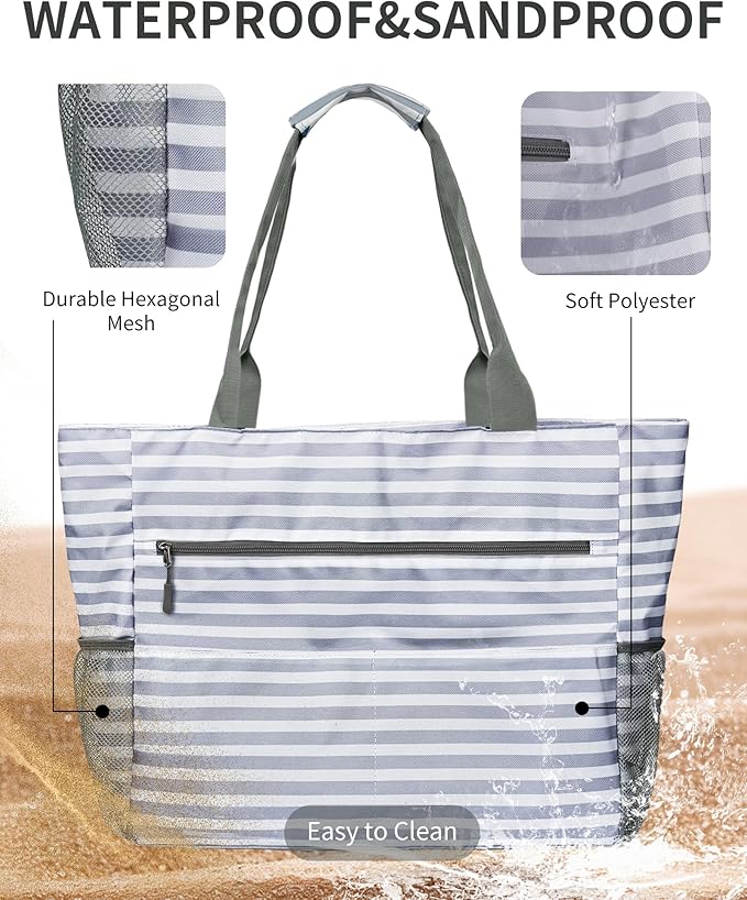 Beach Bag-Waterproof Sandproof Beach Totes with zipper Large Capacity Foldable for Women