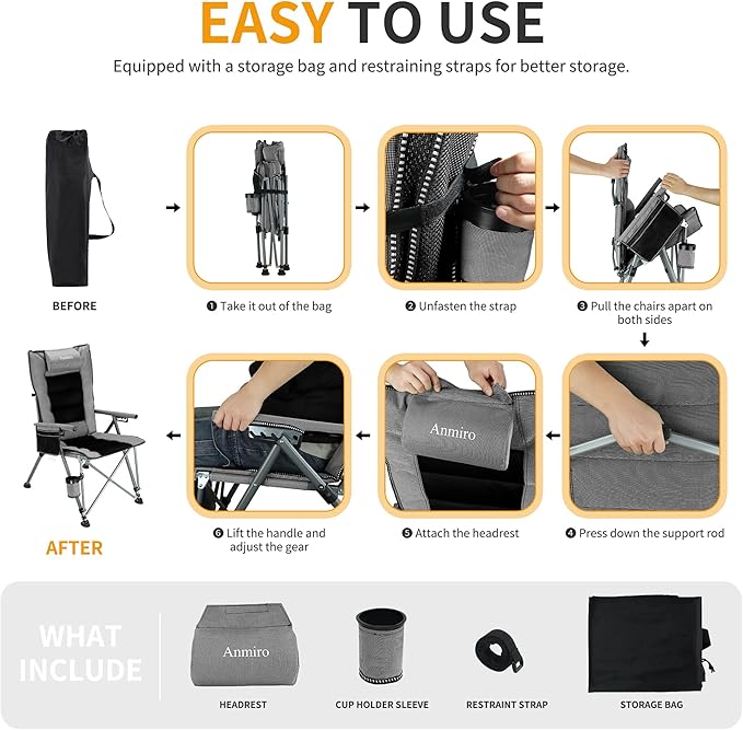 Folding Camping Chair with Cup Holder and Storage Bag, Heavy Duty Support 400 LBS, Oversized Collapsible Portable Adjustable Back Support Camping Chair for Outdoor (Adjustable-Grey)