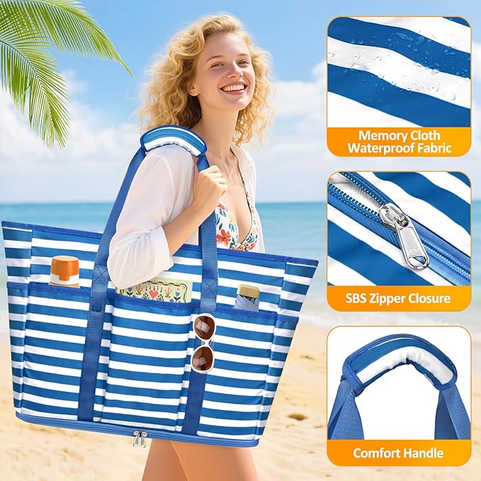 Large Beach Bag with Zipper, 12 Pockets Waterproof Sandproof Pool Bag Womens Mesh Beach Tote Bag for Travel Vacation