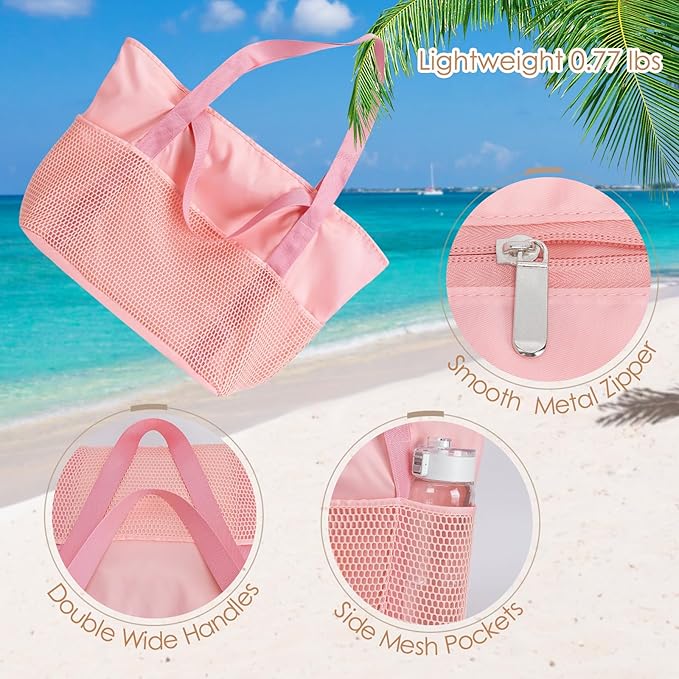 KABAQOO Large Beach Bag Waterproof Sandproof Tote Bag for Women with Zipper & Mesh Pockets for Pool Swim Travel Everyday