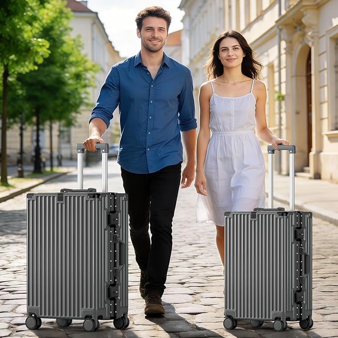 Carry On Luggage, 24 Inch Zipperless Luggage, Aluminum Frame Hardside Suitcase with TSA Lock, Spinner Wheels, Phone Holder, Charging Port, Cup Holder for Lightweight Travel, Grey