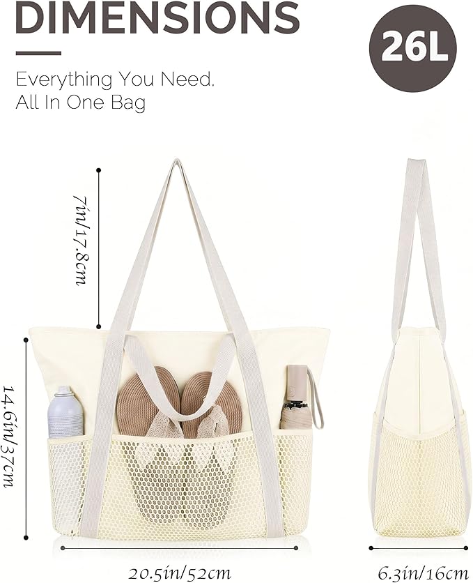 HOMESPON Beach Bag Large Waterproof Sandproof Tote for Women with Zipper and Mesh Pockets
