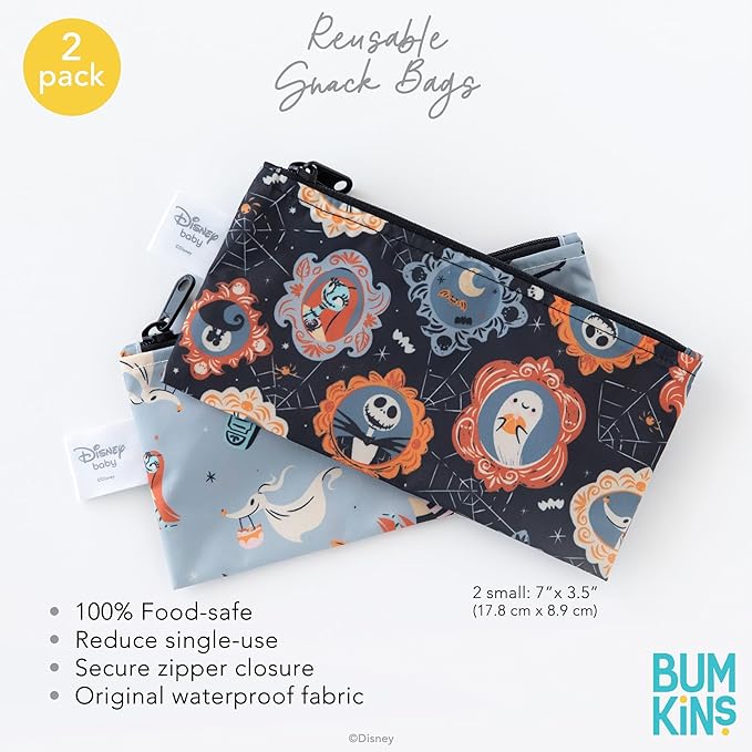 Bumkins Disney Reusable Snack Bags, for Kids School Lunch and for Adults Portion, Washable Fabric, Waterproof Cloth Zip Bag, Supplies Travel Pouch, Food-Safe Storage, 2-pk Nightmare Before Christmas