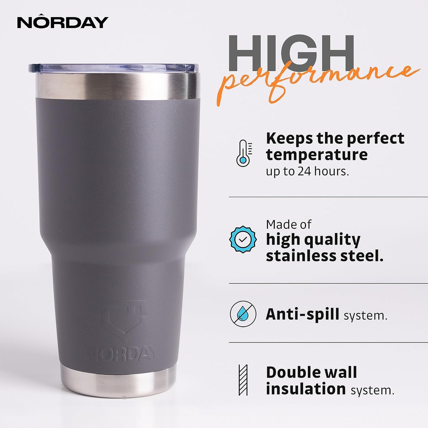 NORDAY | Tumbler with Lid - 30oz - Grey Insulated Tumbler - Stainless Steel Tumblers - Double Wall Vacuum Insulated Travel Coffee Mug for Car Cup Holder - Keeps Temperature for 24hr - Anti Spill Lid