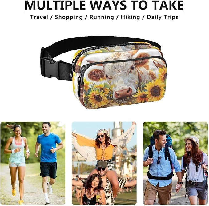 Kawaii Cow Sunflower Fanny Pack for Women Men Water Resistant Fashion Waist Packs with Adjustable Strap Belt Bag for Travel Workout Jogging Hiking 21220225
