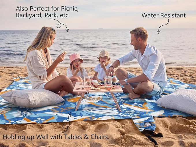 WEKAPO Beach Blanket Waterproof Sandproof Oversized, Extra Large Beach Mat Sand Free, Lightweight & Compact Sand Free Mat with 6 Stakes & 4 Corner Pockets