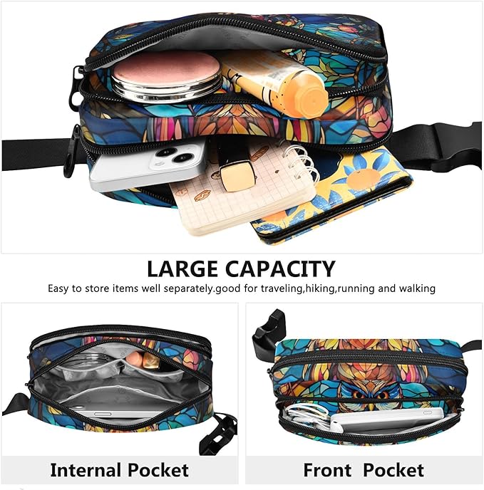 Stained Glass Printed Owl Fanny Pack for Women Men Water Resistant Fashion Waist Packs with Adjustable Strap Belt Bag for Travel Workout Jogging Hiking 21219629