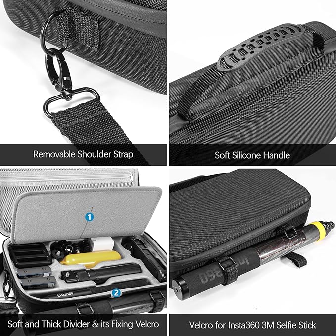 AMAZEAR Carrying Case for Insta360 X5 Accessories, Insta 360 X5 X4 Air Action Camera Waterproof Travel Carry Bag with Shoulder Strap, Compatible with 3M 9.8ft 2-in-1 Selfie Stick Tripod, Black