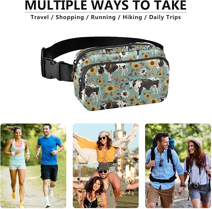 Kawaii Cow Sunflower Fanny Pack for Women Men Water Resistant Fashion Waist Packs with Adjustable Strap Belt Bag for Travel Workout Jogging Hiking 21220220