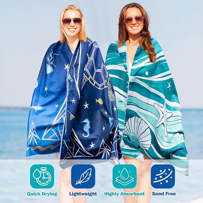2 Pack Magnetic Beach Towel - 74.8"x30" Turtle Wave Sand Free Quick Dry Microfiber Towel with Built-in Magnets Lightweight for Beach Chair Car Door Pool Travel Camping Yoga with Storage Bag