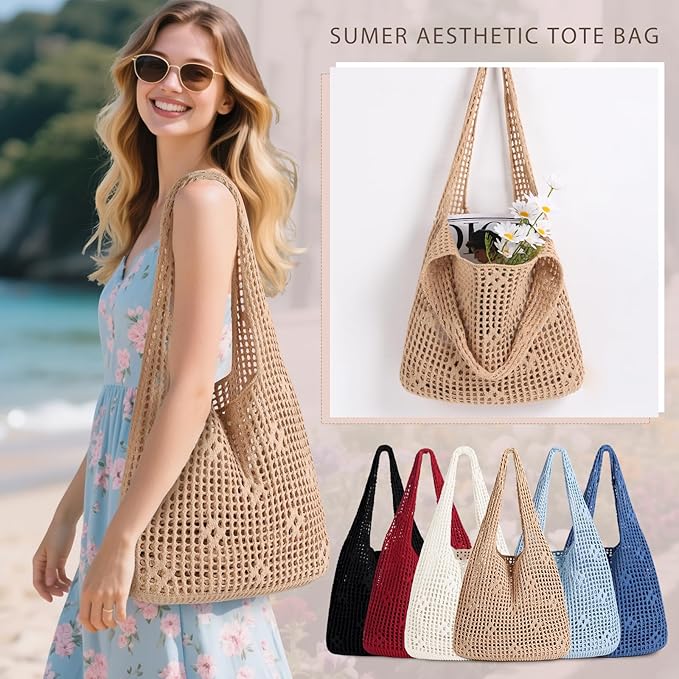 Sightor Crochet Tote Bag, Mesh Beach Bag Knit Summer Hobo Bag Vacation Boho Tote Bag for Women