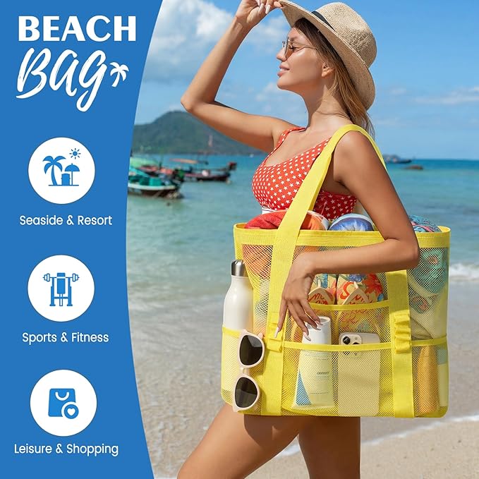 Beach Bag - Mesh Beach Bag Large 8 Pockets, Beach Tote Bag Beach Essentials for Vacation Must Haves