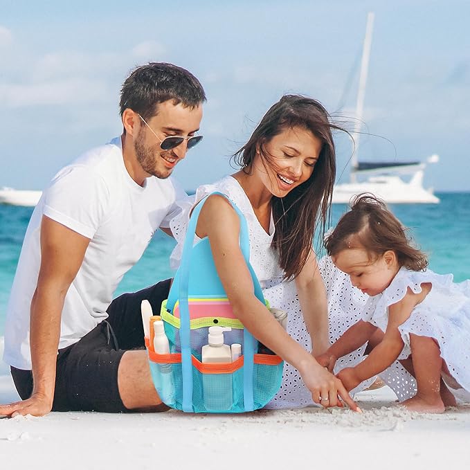 Mesh Beach Bag, Foldable Waterproof Sandproof Beach Storage Tote with 6 Pockets, Swim Tropical Vacation Pool Essential