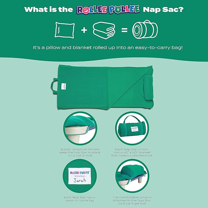 ROLLEE POLLEE Nap Sac Roll Up Napping Blanket with Attached Pillow for Preschool/Daycare, Super Soft with Elastic Straps, Fits Most Mats and Cots