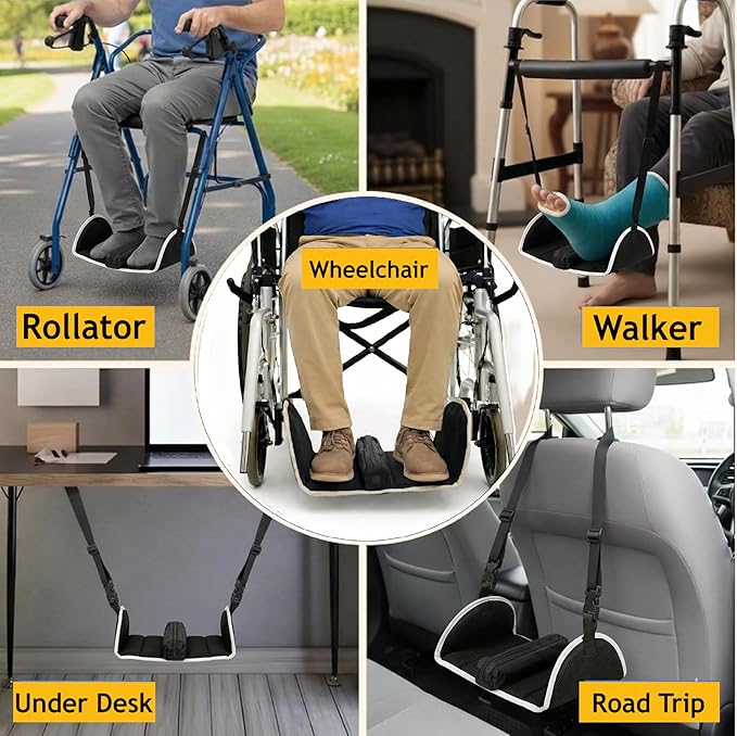 Premium Wheelchair Foot sling Hammock noncollapsible with separator and storage for Walker Rollator Holder long flight Leg attachment replacement elevating Portable Medical swing Essential Accessories