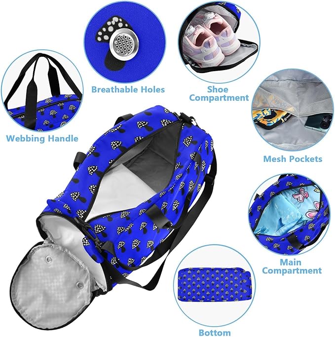 Mushroom Navy Black Small Gym Bag with Shoes Compartment Multifunctional Weekender Overnight Duffel Bag for Travel, Sports, Fitness & Workout bolsa de viaje para mujer