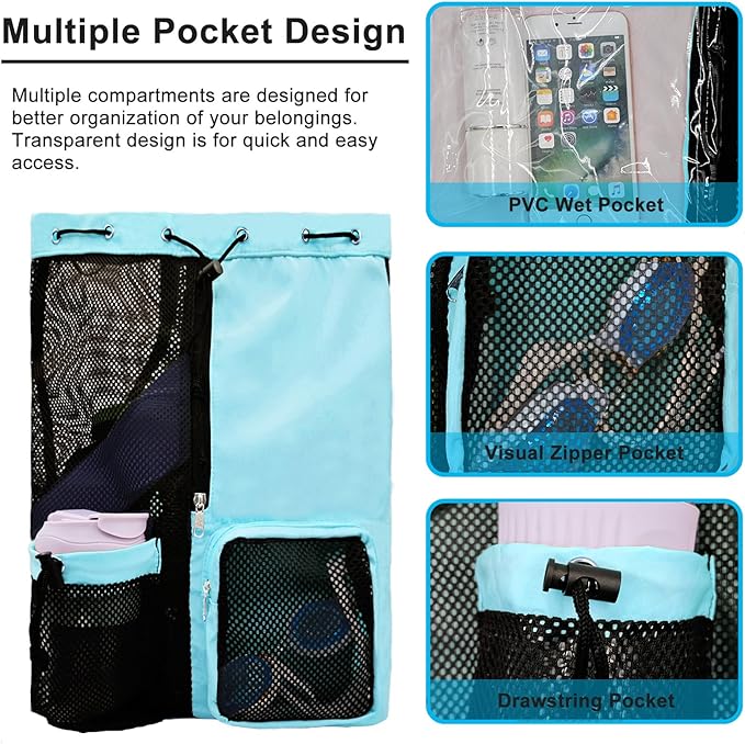 Mesh Beach Backpack with Wet Pocket Drawstring Pool Bag Waterproof Swimming Bag Gym Backpack for Men & Women