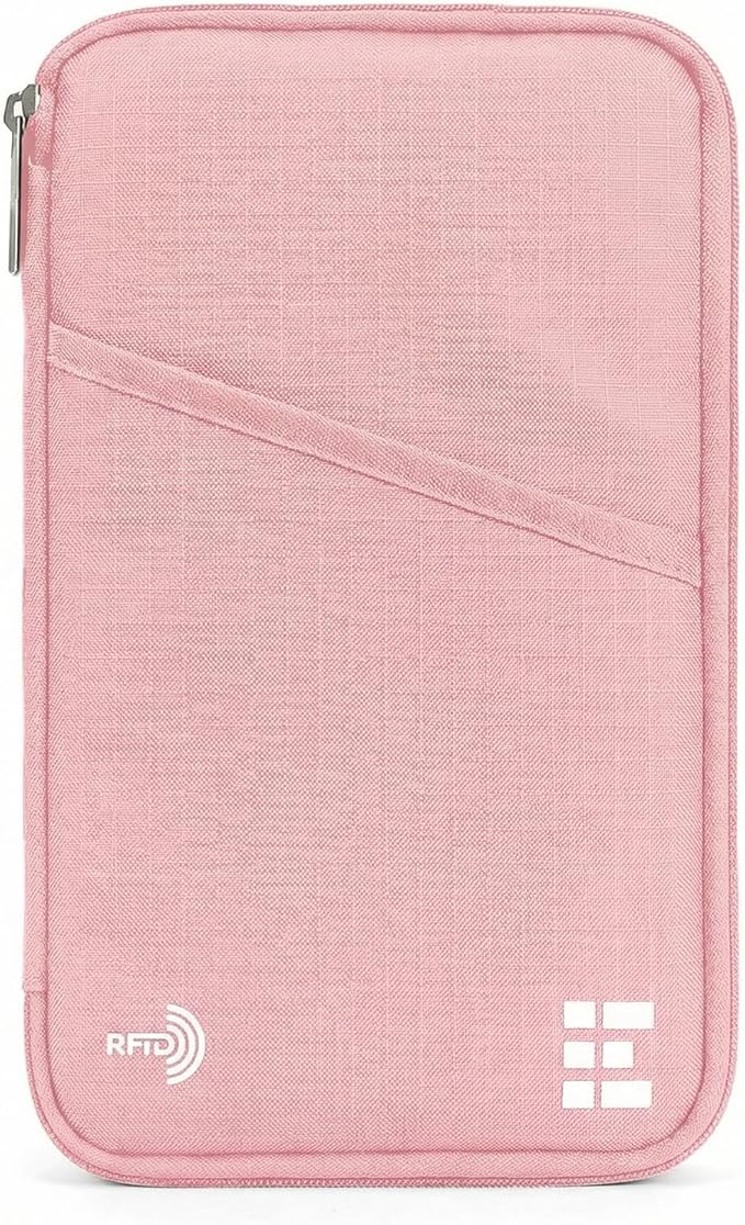 Zero Grid RFID Family Passport Holder for up to 6 Passports, Large Zippered Wallet for Men & Women, Fits Cards, Cash, ID, Sim Card, AirTag; Premium & Compact Travel Document Holder - Rose Pink