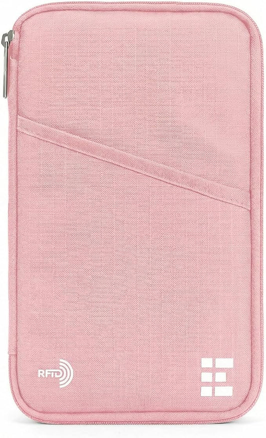 Zero Grid RFID Family Passport Holder for up to 6 Passports, Large Zippered Wallet for Men & Women, Fits Cards, Cash, ID, Sim Card, AirTag; Premium & Compact Travel Document Holder - Rose Pink