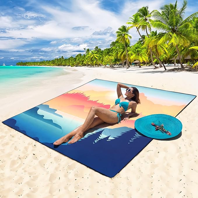 Beach Blanket Waterproof Sandproof Beach Mat for 1-8 Adults Quick Drying Durable Outdoor Picnic Mat for Beach Festival Travel Camping Hiking (Mountain View, 79"×83"(4 Person))