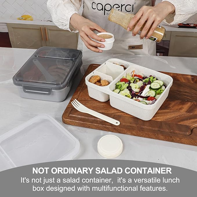 Caperci 2 Pack Salad Container for Lunch - 62 oz Large Bento Lunch Box for Adults, 2-Compartment Meal Prep Container with Removable Toppings Tray, Sauce Cup, Reusable Fork, BPA-Free (Gray & Tofu)