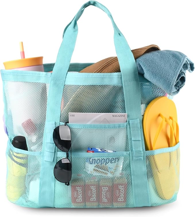 Genteen 40L Mesh Beach Bag, Foldable Sandproof Tote with Waterproof Pocket Quick Dry for Women Family Pool Vacation（White