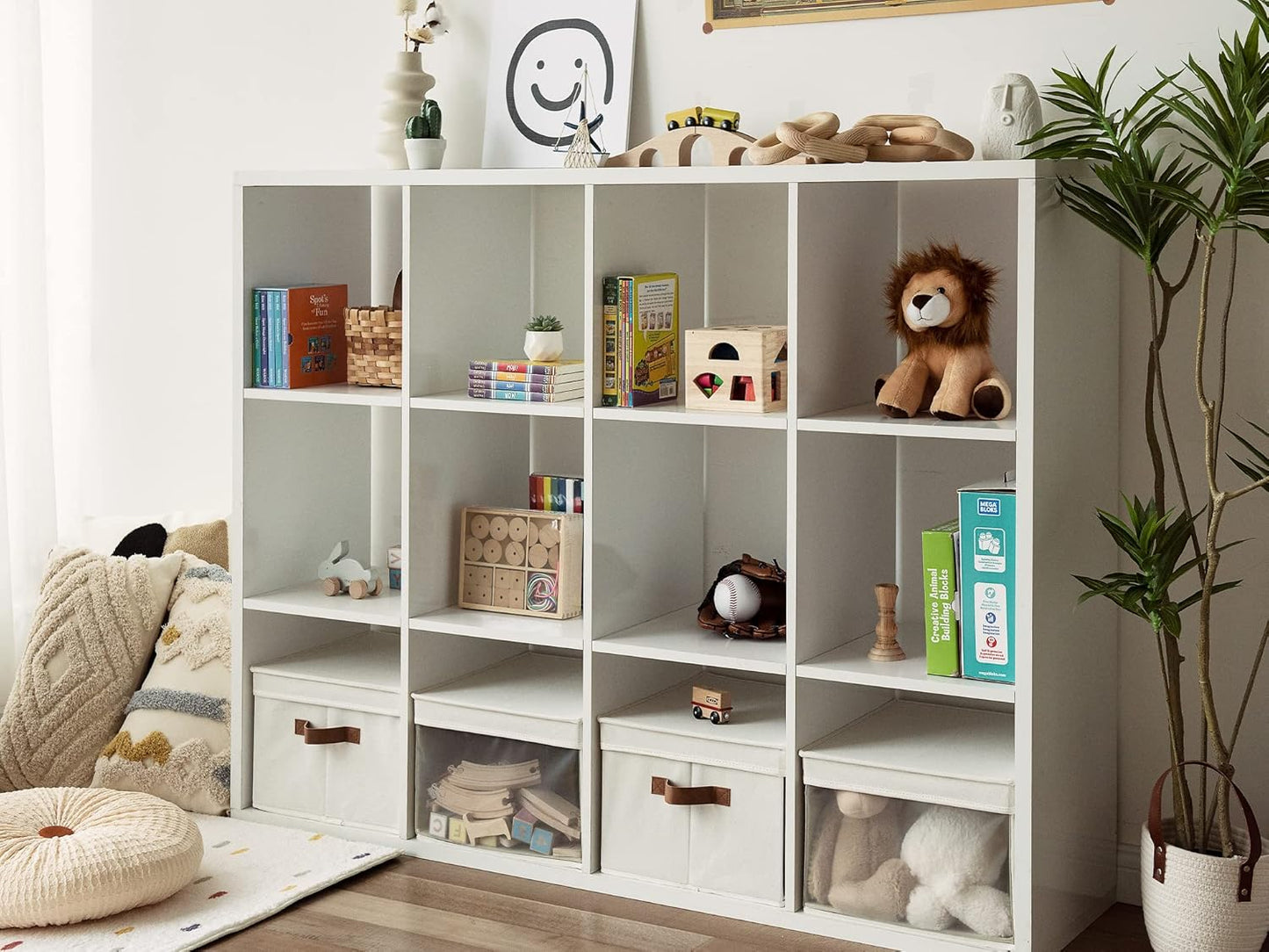 StorageWorks Storage Bins with Lid and Clear Window, Fabric Storage Boxes with Lids, Stackable Basket for Shelves, Closet Organizer and Storage Bins, Beige, Large, 4-Pack