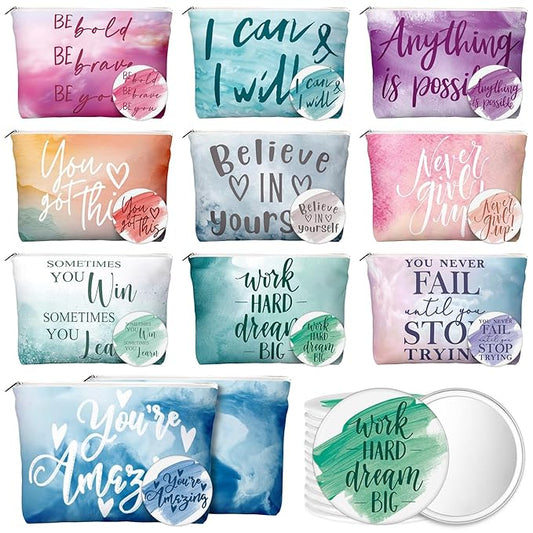 40 Pcs Employee Appreciation Gifts For Women Inspirational Canvas Makeup Bags Portable Compact Mirror Bulk Cosmetic Bags Thank You Gifts for Social Worker Coworkers (Motivation,Pastel)