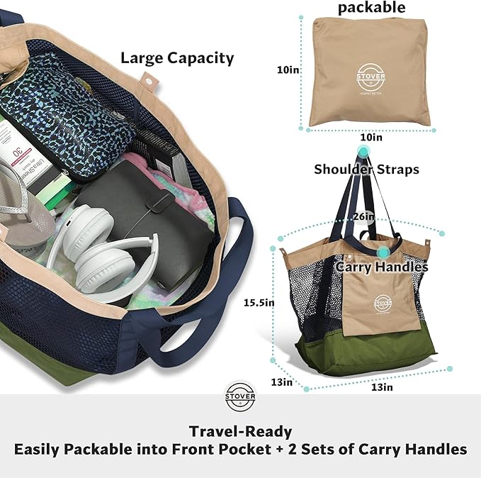 STOVER Extra Large Mesh Beach Bag, Vacation, Pool, Shopping & Travel Tote - Foldable w/Storage Pouch & Pockets for Women, Men