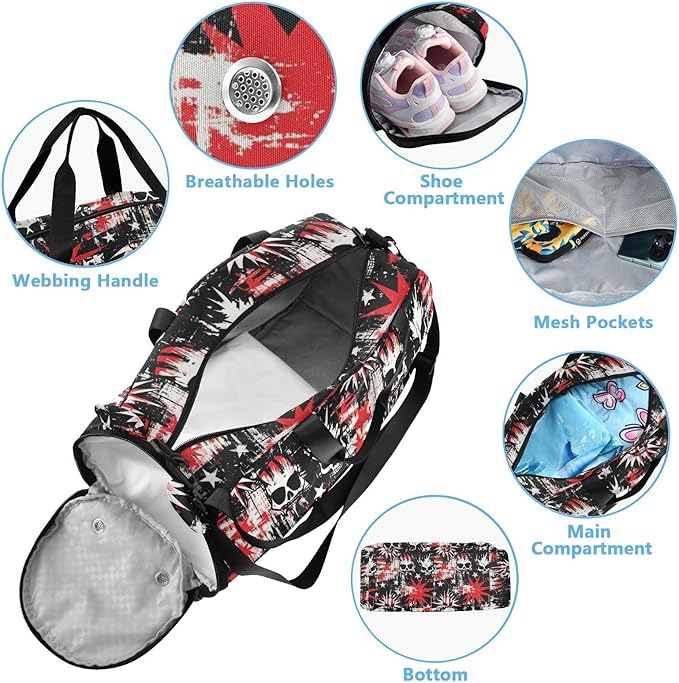 Punk Style Skull Stars Red Black Kids Cute Gym Bag with Shoes Compartment Multifunctional Overnight Bag for Beach Swim Bags Pool Sports bolsa de viaje para mujer
