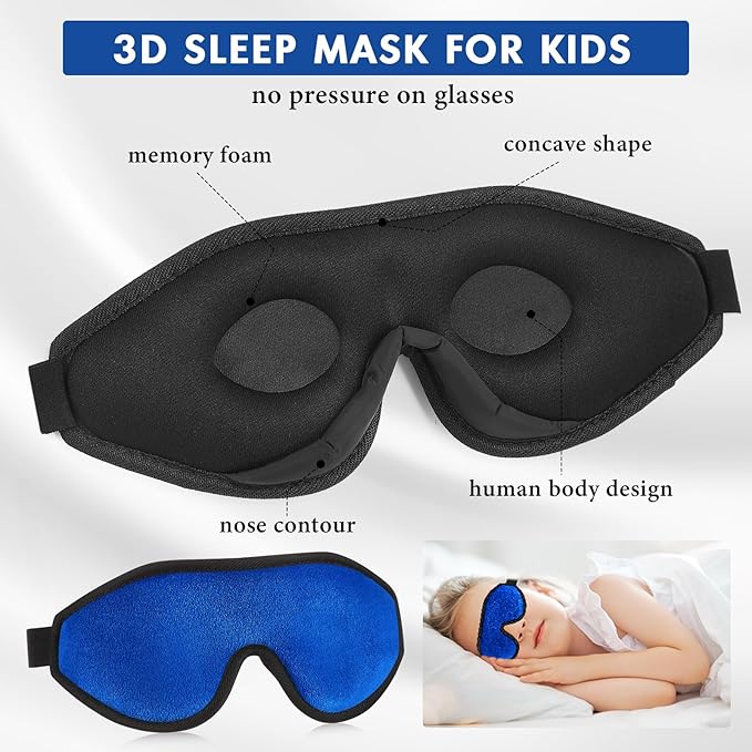 Coume Sleep Mask for Kids 3D Light Block Sleeping Blindfold Memory Foam Contoured Eye Mask with Adjustable Strap Zero Pressure Eye Cover for Boys Girls for Travel Home Office Meditation(Dark Blue)