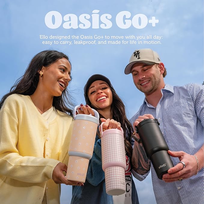 Ello Oasis Go+ 32oz Tumbler with Top Handle and Retracting Straw | Reusable Insulated Stainless Steel Cup, 100% Leakproof Water Bottle, 24 Hours Cold, Cup Holder Friendly For Travel | Mineral