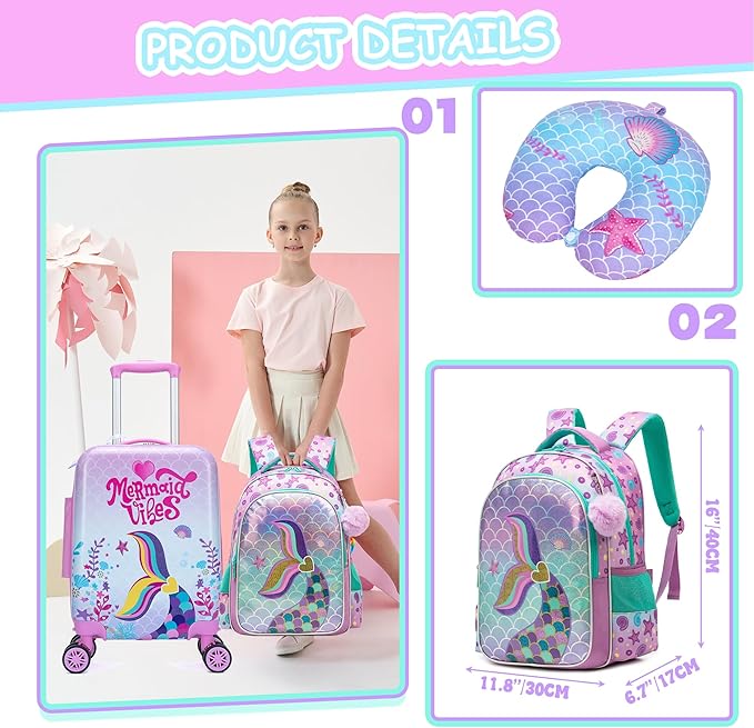 Kids Mermaid Suitcase Set for Boys Hardside Luggage with Spinner Wheels 5 Piece 16inch Toddler Suitcase for Boys Travel Carry on Luggage Airline Approved