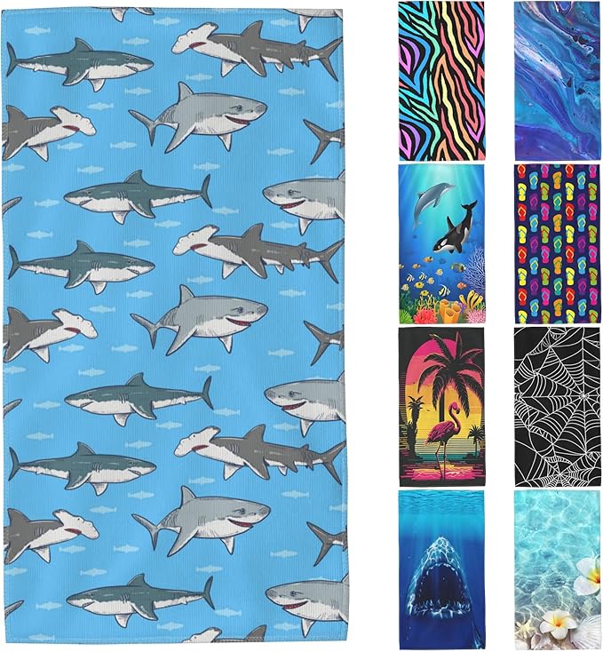 Sharks Microfiber Beach Towels,Sharks and Small Fish in Ocean Oversized Absorbent Bath Towels,Soft Quick Dry Thin Camping Towel for Adults Women Men,29.5"×59"