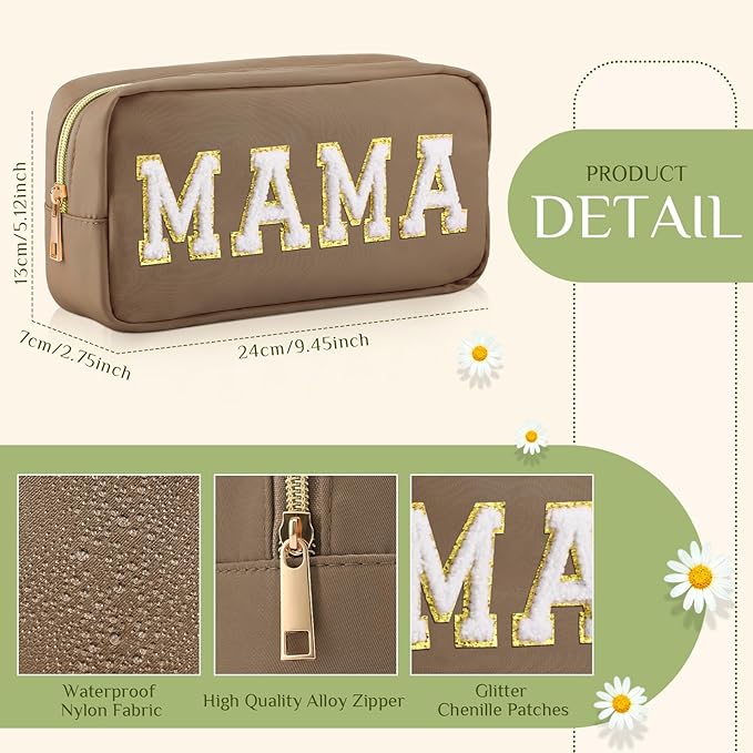 Sanwuta 2 Pieces Mama Gifts Makeup Bag Mom Pouch Birthday Gifts Nylon Cosmetic Bag Mothers Day Appreciation Toiletry Preppy Patch Chenille Letter for Women Her New Mom(Camel, White,Baby and Mama)
