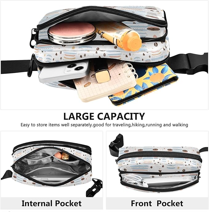 Kawaii Coffee Beans Fanny Pack for Women Men Water Resistant Fashion Waist Packs with Adjustable Strap Belt Bag for Travel Workout Jogging Hiking 21219218