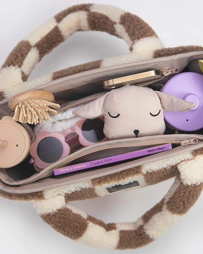 Universal Stroller Organizer Bag - Easy Grab Top Handles, Stroller Caddy with Cup Holder, 3 Open Compartments, Adjustable Stroller Straps & Zippered Wallet Pocket | (Print Checkers Tan)