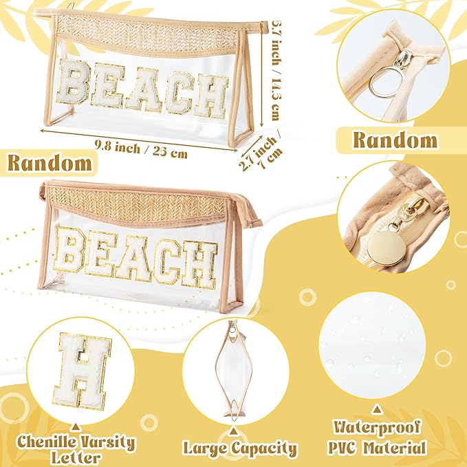 Boho Patch Beach Cosmetic Bag - Summer BEACH Chenille Varsity Toiletry Makeup Bag Beige Letter Clear Waterproof Travel PVC Zipper Clutch Daily Use Purse Summer Makeup Pouch for Women Girls