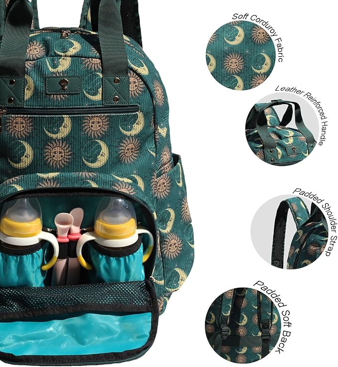 Diaper Bag Backpack, Large Capacity Multifunction Baby Essentials Fashion Travel Pack Linen Canvas office Laptop Bag (Corduroy Dark Green Moon)