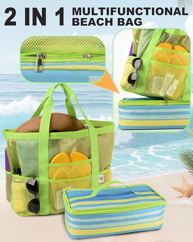 Beach Bag with Cooler, Mesh Beach Bag for Women Cruise Pool, Packable Waterproof Sandproof Travel Tote Bag with 8 Pockets